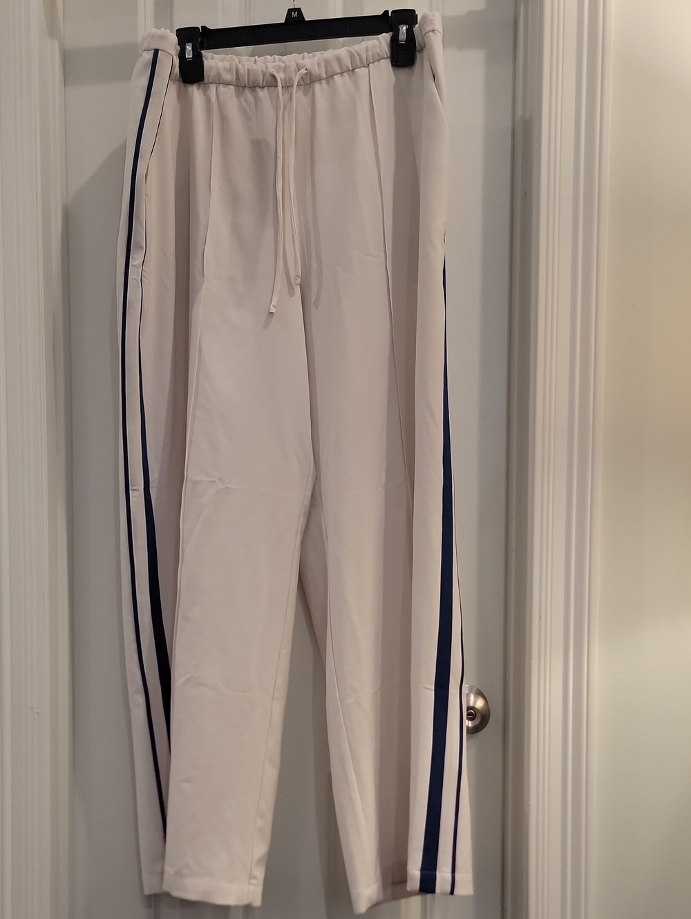 Athleta Women's Cream Track Pants with Blue Side Stripes